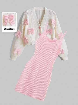 ROMWE Kawaii 2pcs/Set Women Long Sleeve Bowknot Cardigan And Knitted Camisole Dress Outfit, Autumn/Winter | SHEIN