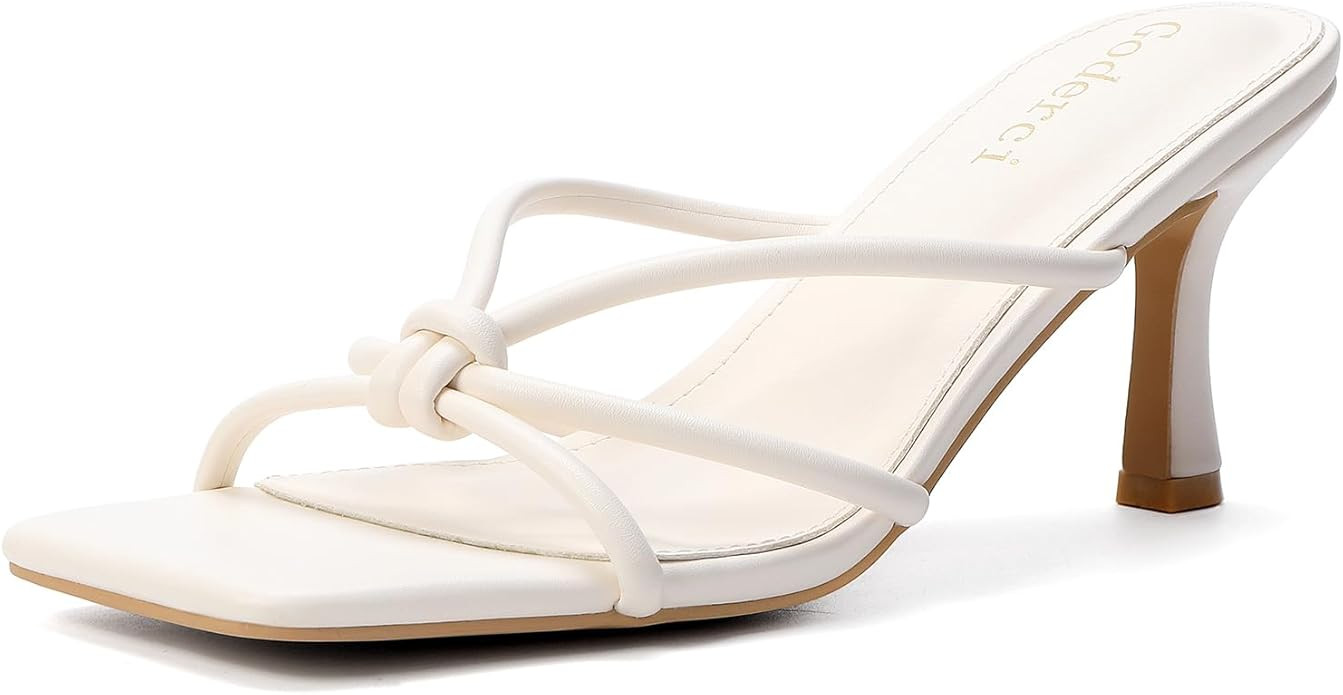 Kitten Strappy Heels for Women Knotted Square Open Toe Slip On Mule Heels Mid Heeled Sandals | Amazon (US)