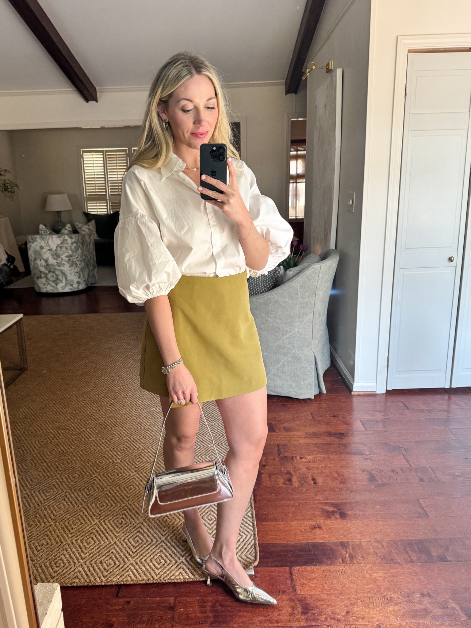 Spring outfit idea. This green  Amazon SKORT is incredible. I think it runs big. I’m in the small and it’s roomy. I’m returning for the Xs. $25 white balloon sleeve top and silver accessories & shoes. Affordable and elevated! 

#LTKSpringSale #LTKfindsunder50 #LTKstyletip