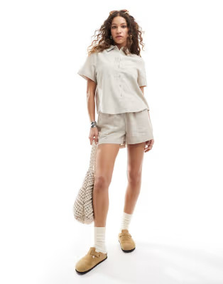 Monki co-ord drawstring waist linen shorts in beige | ASOS (Global)