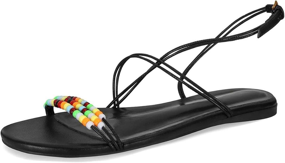Beaded Strappy Flat Sandals for Women Bohemian Sandals Open Toe Slingback Flats Summer Vacation B... | Amazon (US)