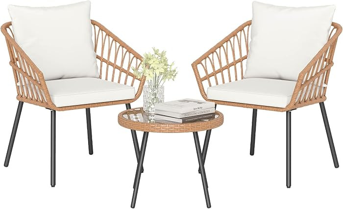 Tangkula 3 Piece Patio Bistro Set, PE Rattan Conversation Chairs with Round Glass Table & Soft Cu... | Amazon (CA)