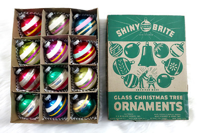 12 Vintage Shiny Brite Multi Stripe Glass Christmas Ornaments USA w Box 2.25"  | eBay | eBay US
