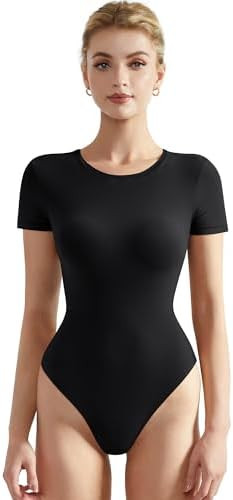 SUUKSESS Women Crew Neck Short Sleeve Thong Bodysuit Shirts Basic Top | Amazon (US)