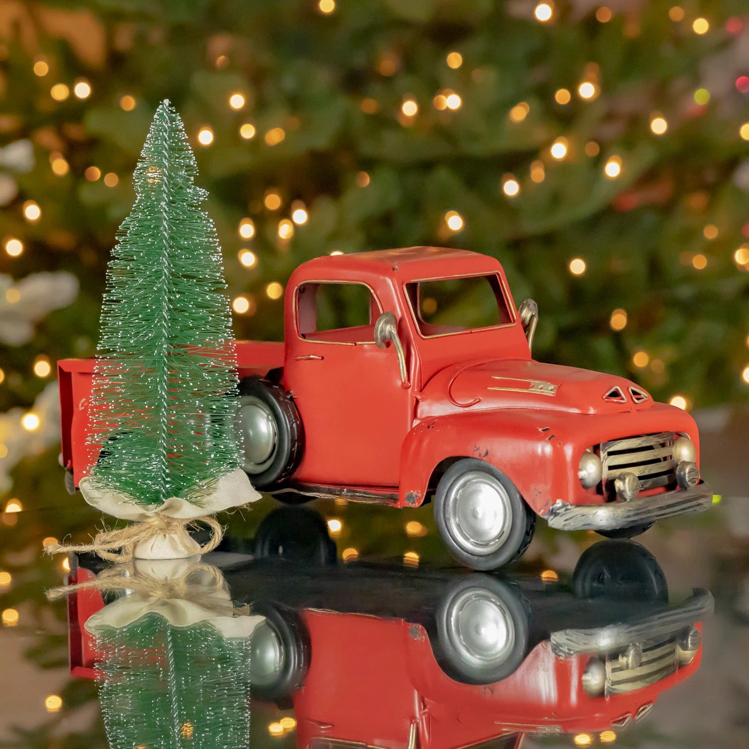 Red Iron Pickup Truck with Christmas Tree - 16.22"x6"x6.5"T | Bed Bath & Beyond