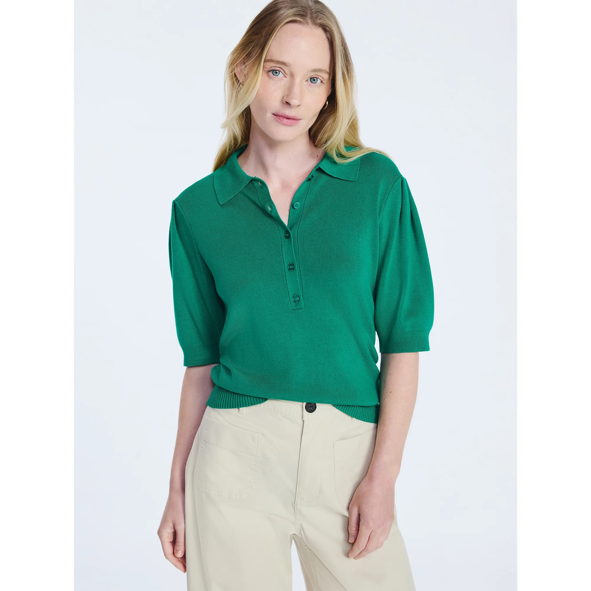 Free Assembly Women's and Women's Plus Collared Sweater Tee with Puff Sleeves, Lightweight, Sizes... | Walmart (US)