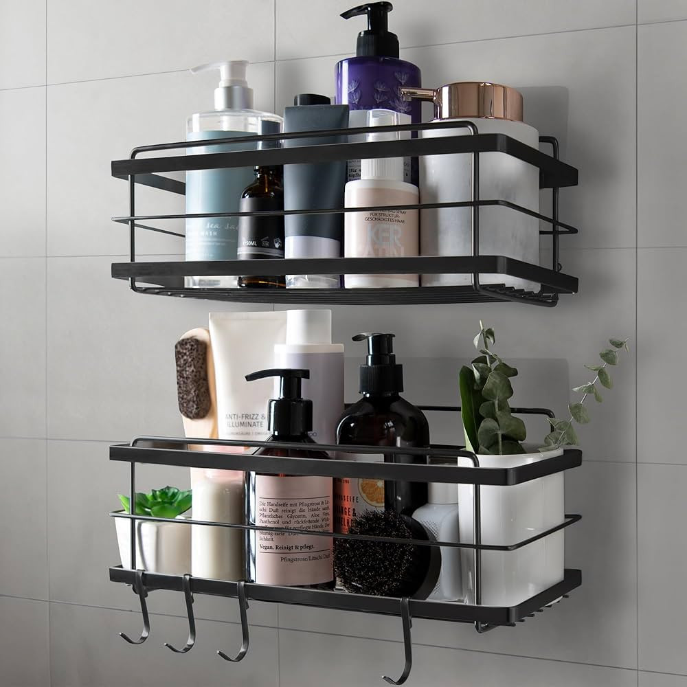 KINCMAX Shower Caddy 2-Pack - Self Adhesive Wall Shower Organizer Shelves with 4 Hooks - No Drill... | Amazon (US)