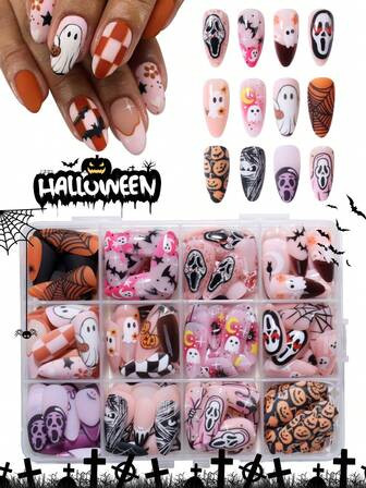 96pcs(4mixed )Long Almond Halloween Nailas Cute Ghost Faces, Ghosts, Pumpkins, Spider Webs, Heart... | SHEIN