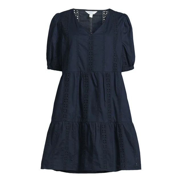 Time and Tru Women's and Women's Plus Eyelet Mini Dress with Puff Sleeves, Sizes XS-4X | Walmart (US)