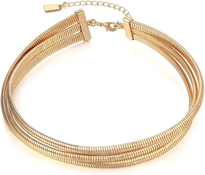 Chunky Stainless Steel Choker Necklace For Women, Gold Striped Flat Snake African Collar Exaggera... | Amazon (US)