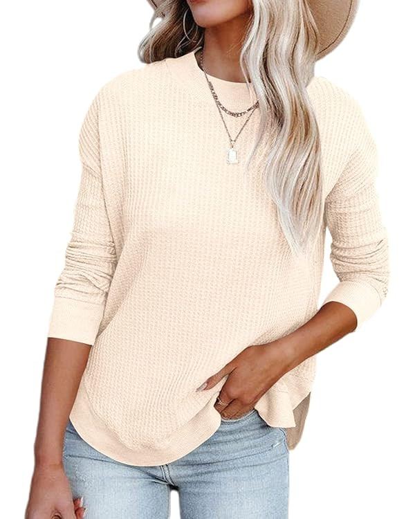INFITTY Women's Long Sleeve Crewneck Sweatshirt Waffle Knit Loose Fit Fall Tunic Sweaters Jumper | Amazon (US)