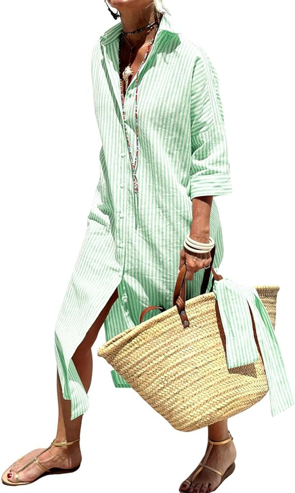 Women's Summer Striped Button Down Maxi Shirt Dress 3/4 Sleeve Belted Long Beach Tunic Dress with... | Amazon (US)