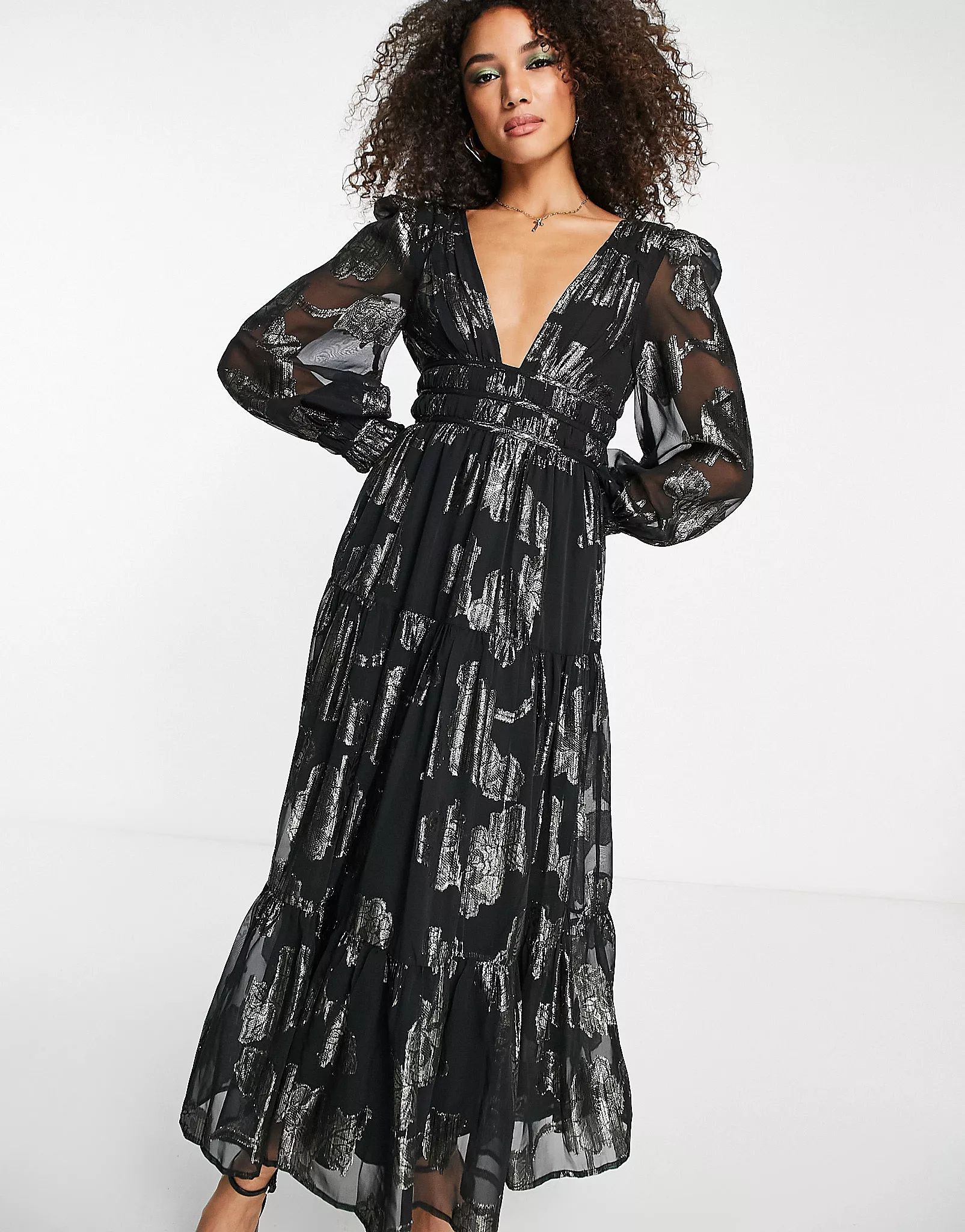 ASOS DESIGN metallic channel detail midi dress with puff sleeves and tie back detail in black | ASOS (Global)