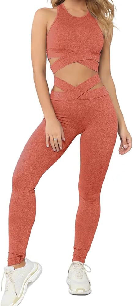 BLENCOT Workout Sets for Women 2 Piece Outfits Criss Cross Bandage High Waisted Yoga Leggings wit... | Amazon (US)