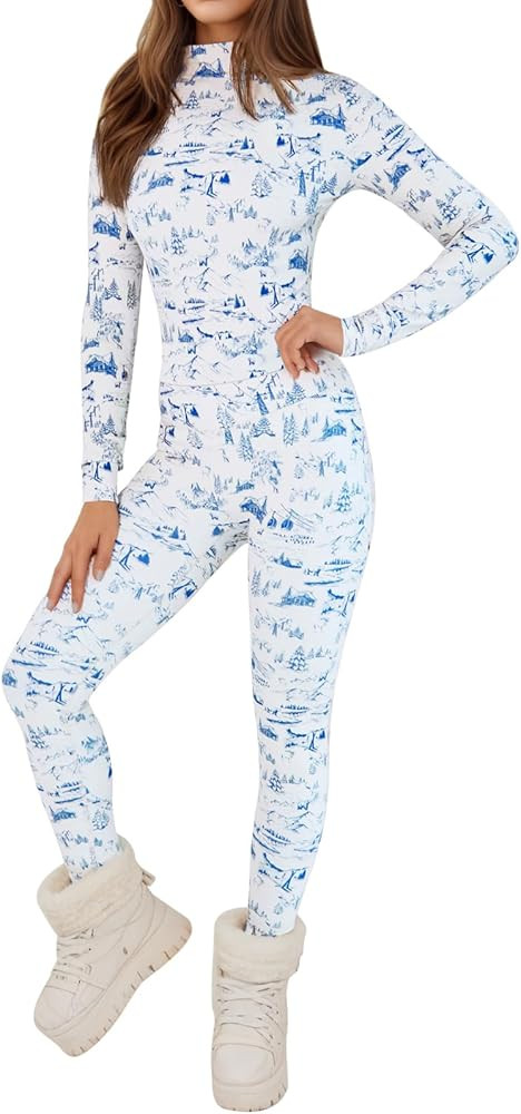 Yousify Womens Thermal Underwear Set Long Johns Tops & Bottoms Winter Slim Graphic Printed Ski Ba... | Amazon (US)