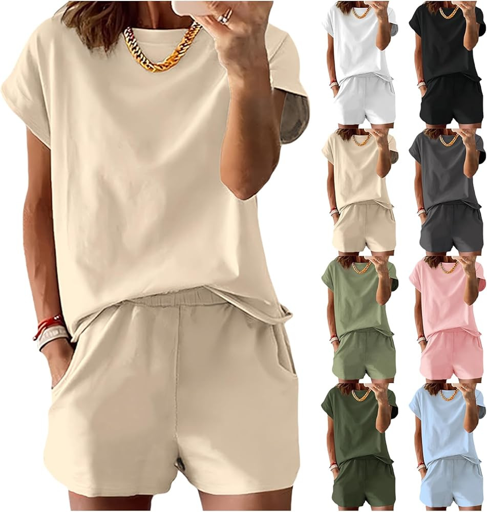 Womens 2 Piece Pajama Sets Shorts Short Sleeve Smocked Tops and Shorts Lounge Sets Sleepwear with... | Amazon (US)