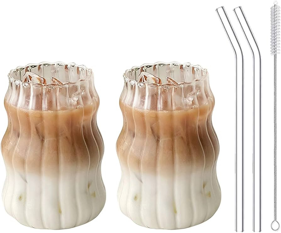 Maritown 2 Pcs Ribbed Glassware Drinking Glasses with Straws, 18oz Ripple Glass Cups, Iced Coffee... | Amazon (US)