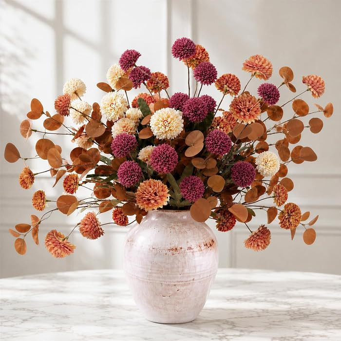 Emibele Artificial Flowers, 12Pcs Faux Silk Pompon Mums & Eucalyptus, Mixed | Amazon (US)