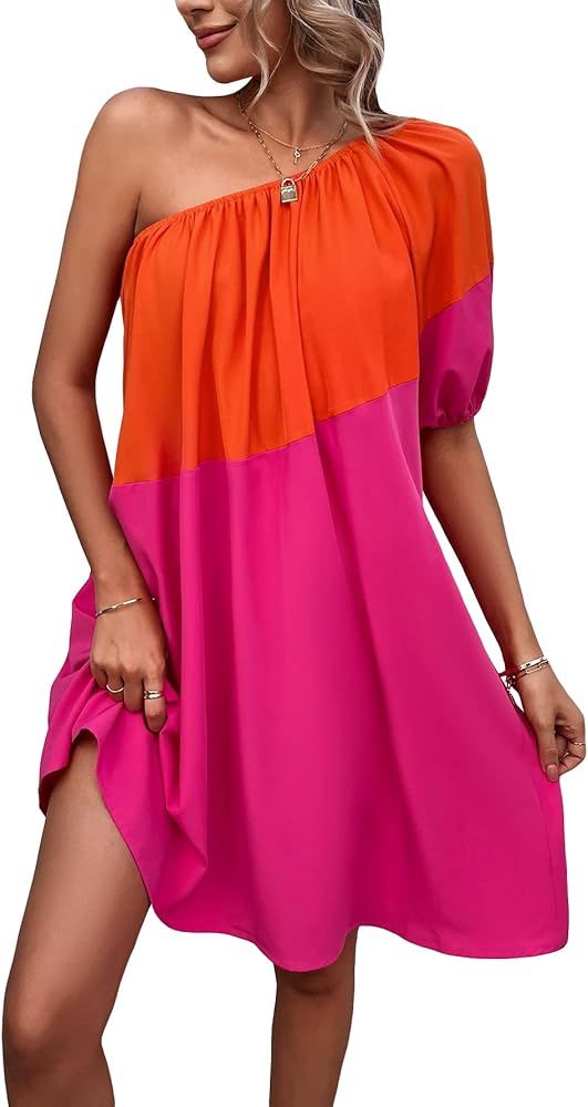 WDIRARA Women's One Shoulder Color Block Short Puff Sleeve Loose Tunic Mini Dress | Amazon (US)