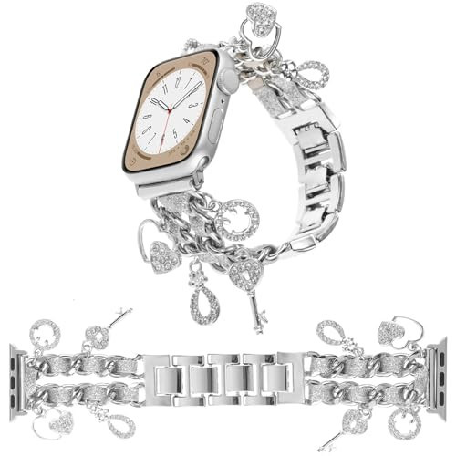 REALSIGN Stylish Metal Wristband Compatible with Apple Watch Band 42 44 45 46 49mm,Cuban Chain Bracelet Key Love Smile Pendants Cute Strap for iWatch Series 10 9 8 7 6 5 4 3 SE Women(42/44/45MM,Key Glitter Silver) | Amazon (US)