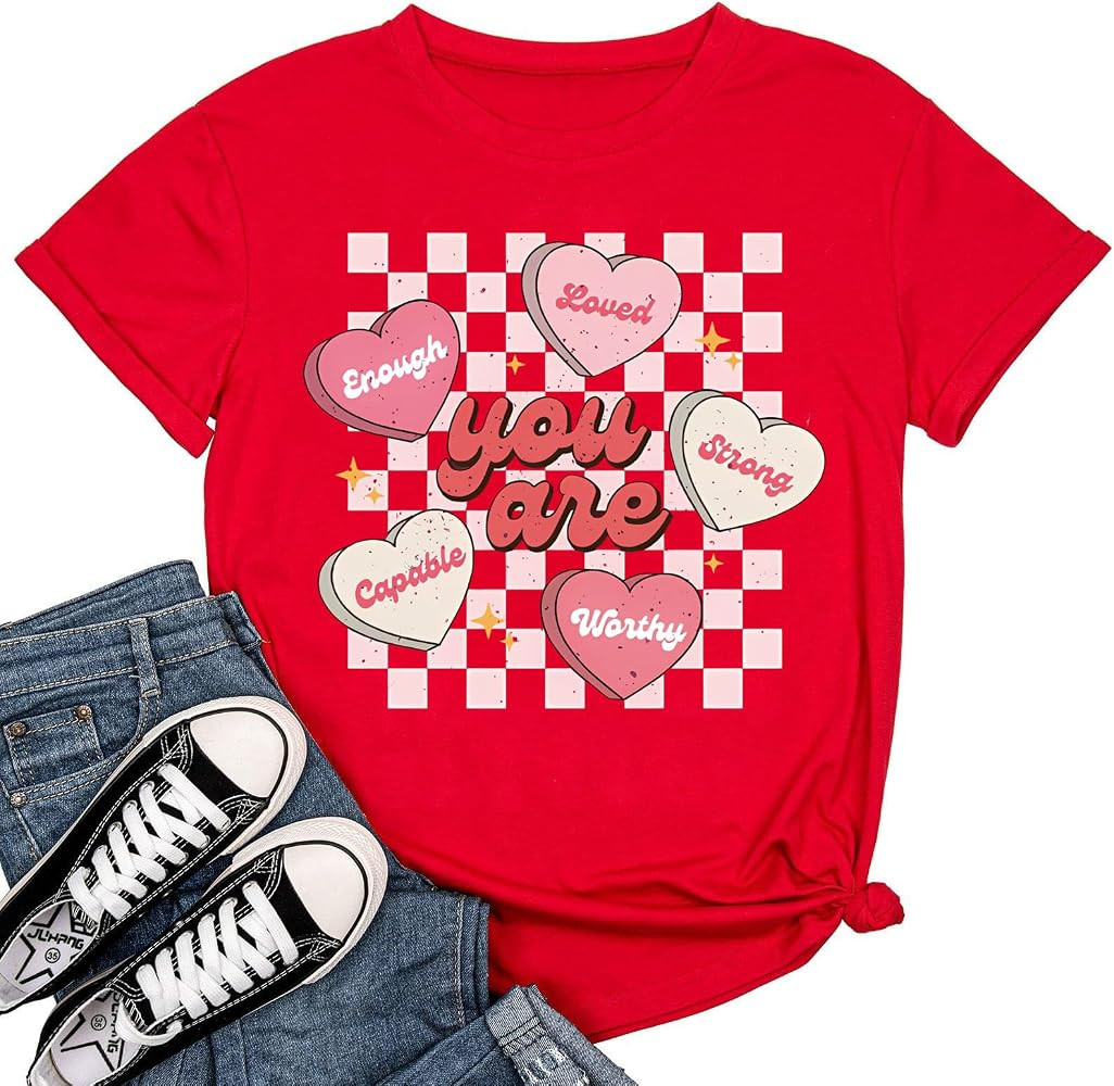 Women's Valentine's Day Shirts Retro Candy Heart Teacher Valentine's Day You are Enough T-Shirt C... | Amazon (US)