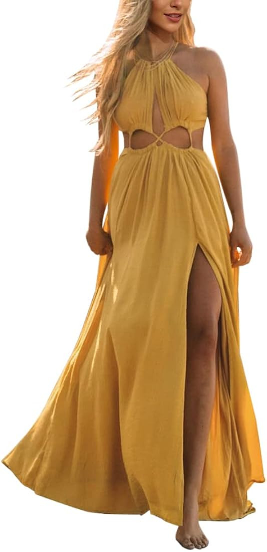 Womens Cutout Halter Tie Maxi Dress Flowy Boho Beach Summer Sexy Midi Dress Side Slit Long Dresse... | Amazon (US)