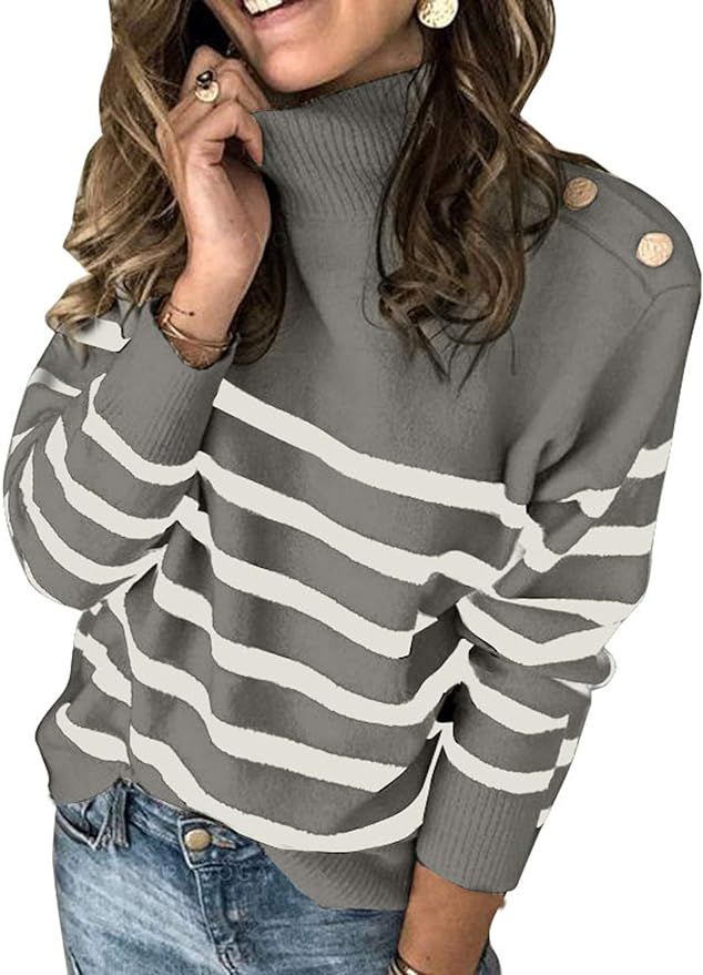 Asvivid Striped Turtleneck Button Knit Sweaters for Women Lightweight Long Sleeve Knit Pullover J... | Amazon (US)