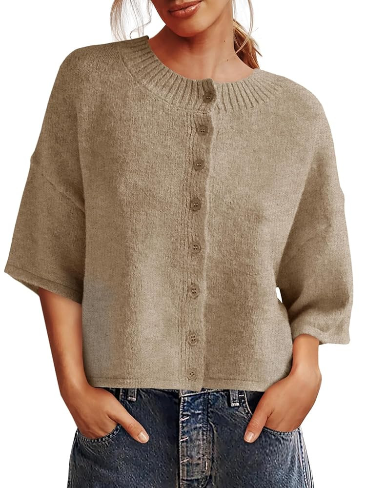Saodimallsu Womens 3/4 Sleeve Cardigan Sweater Button Down Cropped Crewneck Cardigan 2025 Fall Ca... | Amazon (US)