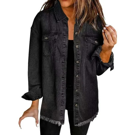 Tittly Coats for Women Jackets for Women Washed Denim Shirt Jacket Fashion Casual Hem Women s Jacket Jean Jacket fall jacket Black S | Walmart (US)