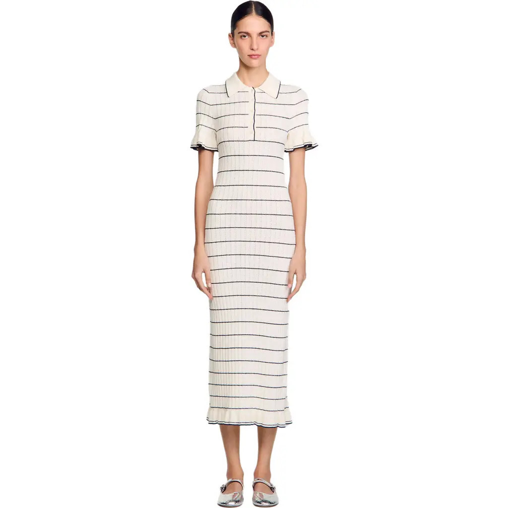 SANDRO Knitted midi dress with polo neck in Ecru at Nordstrom, Size 40 Eu | Nordstrom