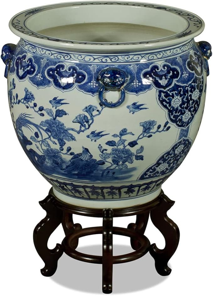 China Furniture Online 19 Inch Blue and White Porcelain Bird and Flower Chinese Fishbowl Planter | Amazon (US)