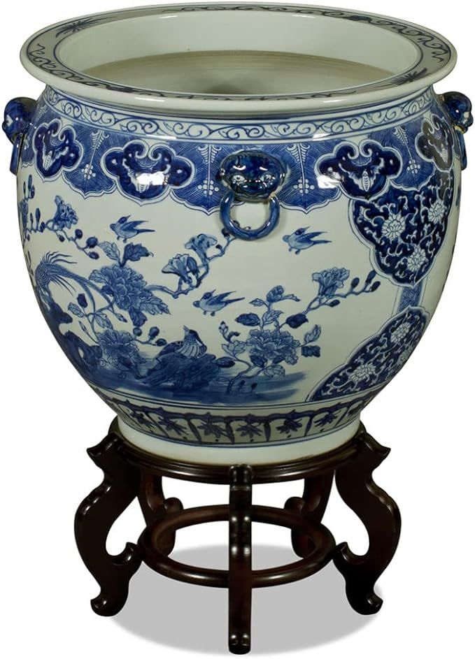 China Furniture Online 19 Inch Blue and White Porcelain Bird and Flower Chinese Fishbowl Planter | Amazon (US)