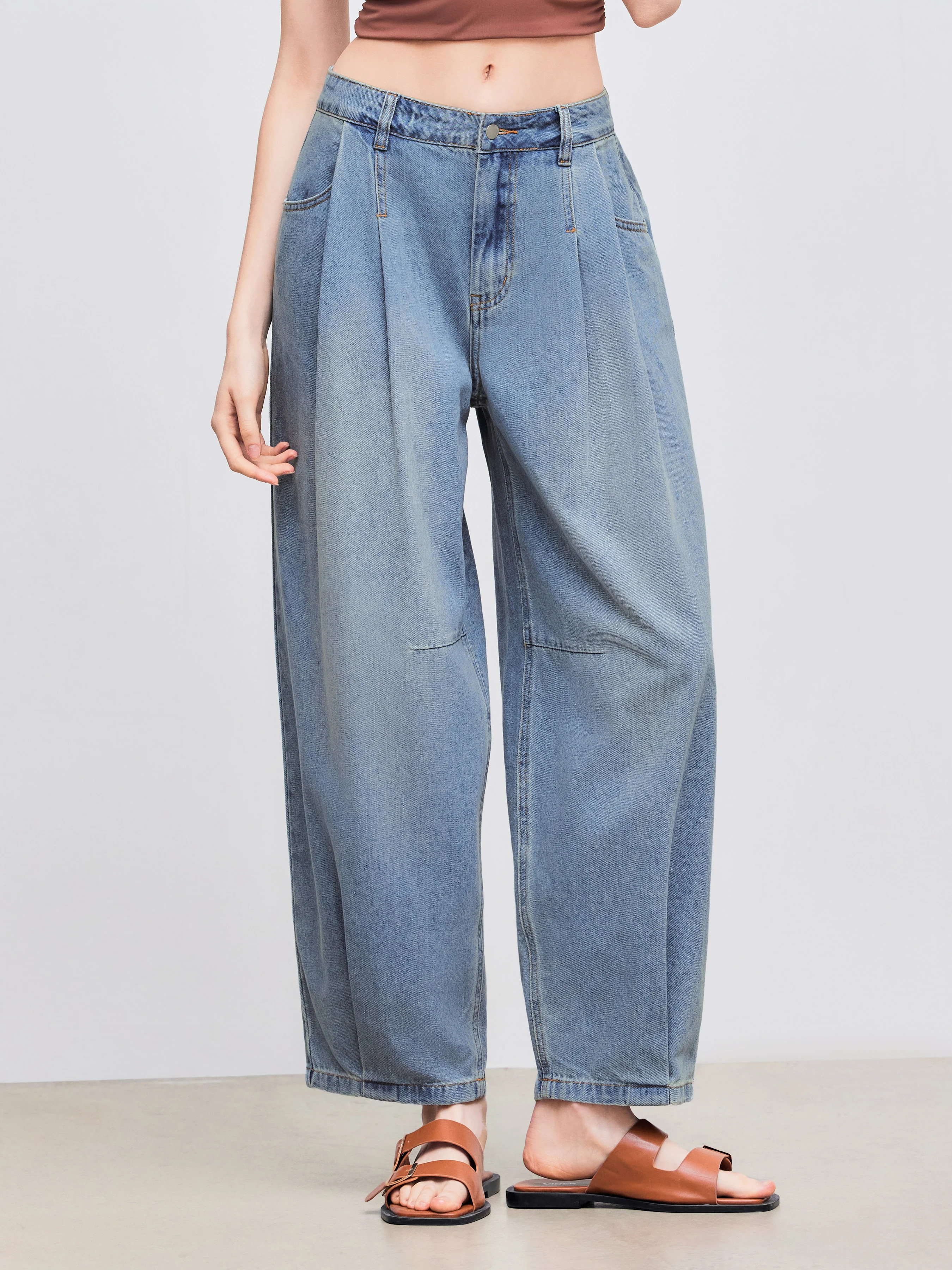 Denim Cider Denim Mid Rise Solid Pocket Barrel-leg Jeans For Daily Casual | Cider