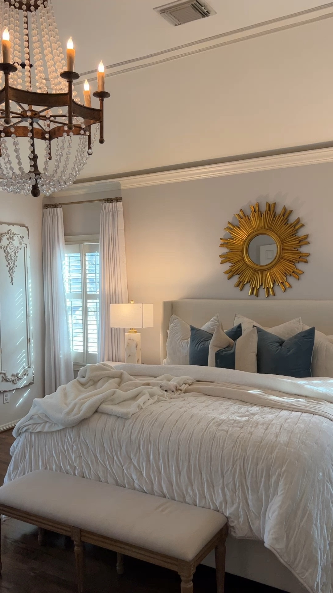 Bedroom style, bedding, velvet betting, velvet pillows, Amazon, pillow, starburst mirror, gold Starbucks, near Amazon, decor Amazon, home large beaded, gold chandelier, affordable chandelier, designer look for less pinch, pleat, drapes, Amazon, pinch, pleat, drapes, white drapes, white linen, drapes, gold drapery, rod, gold, drapery, rings, drapery, hooks, alabaster, marble lamp, affordable lamp, bench wooden bench, Lennon, bench, French style, transitional style bedroom 

#LTKhome #LTKsalealert #LTKstyletip