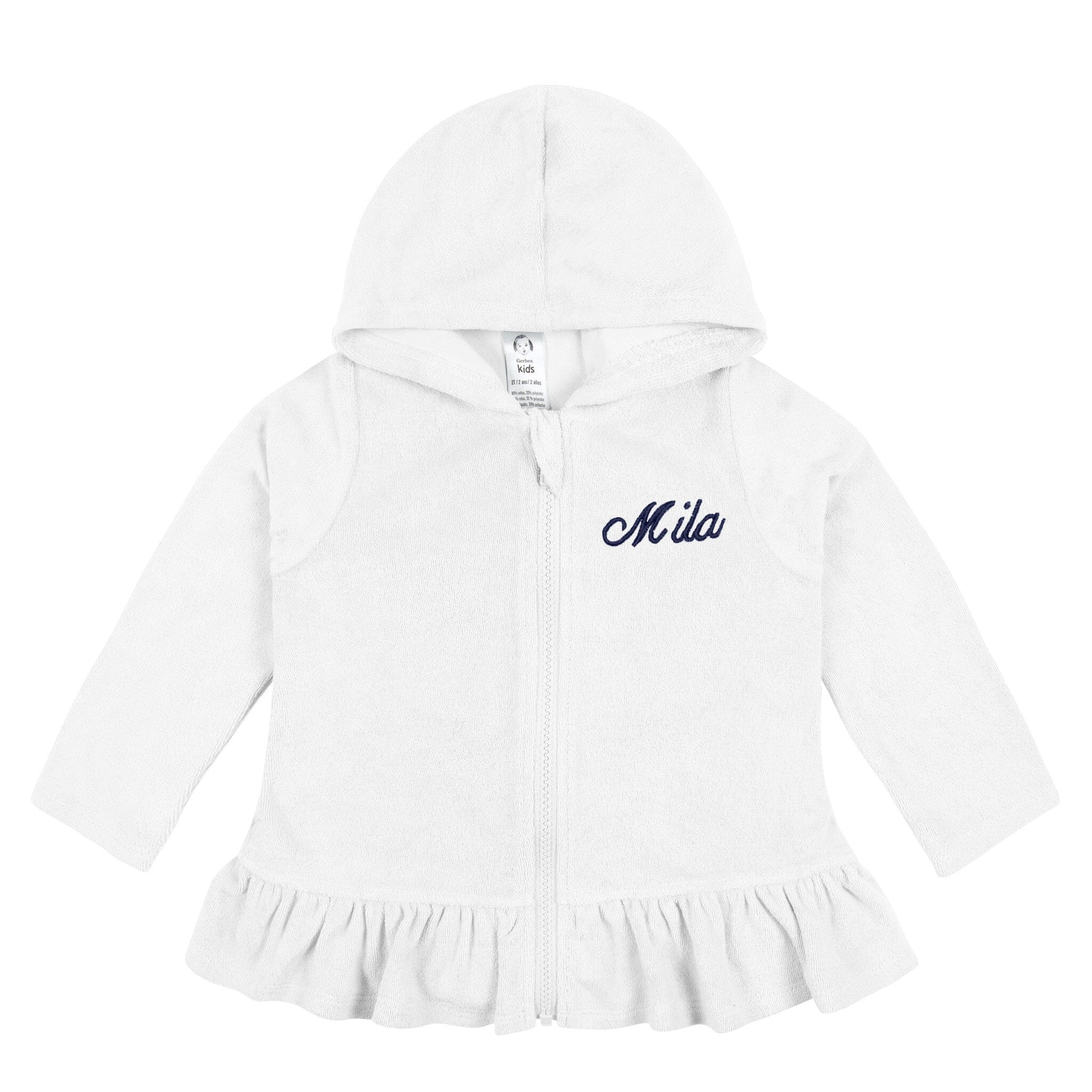 Embroidered Baby & Toddler Girls White Hooded Zip Front Terry Swim Coverup | Gerber Childrenswear