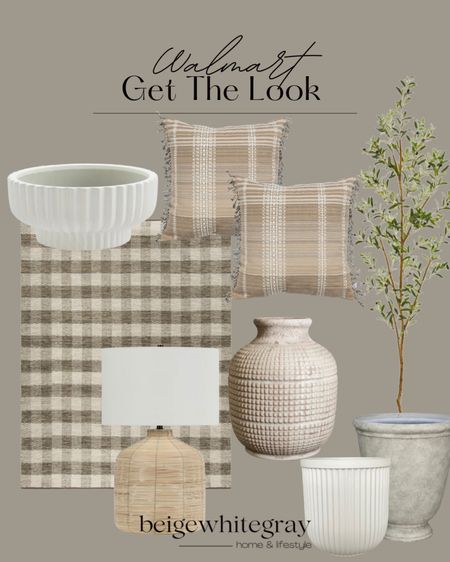Neutral home decor with Walmart! Check out this beautiful plaid rug it’s on trend and a great price! These are the best pillows the pattern is high end but of course the price is unbelievable! I love this faux olive tree and the planters too!! Check out this pottery barn dupe lamp! And don’t snooze on this beautiful textured vase!! 

#LTKsalealert #LTKFind #LTKhome