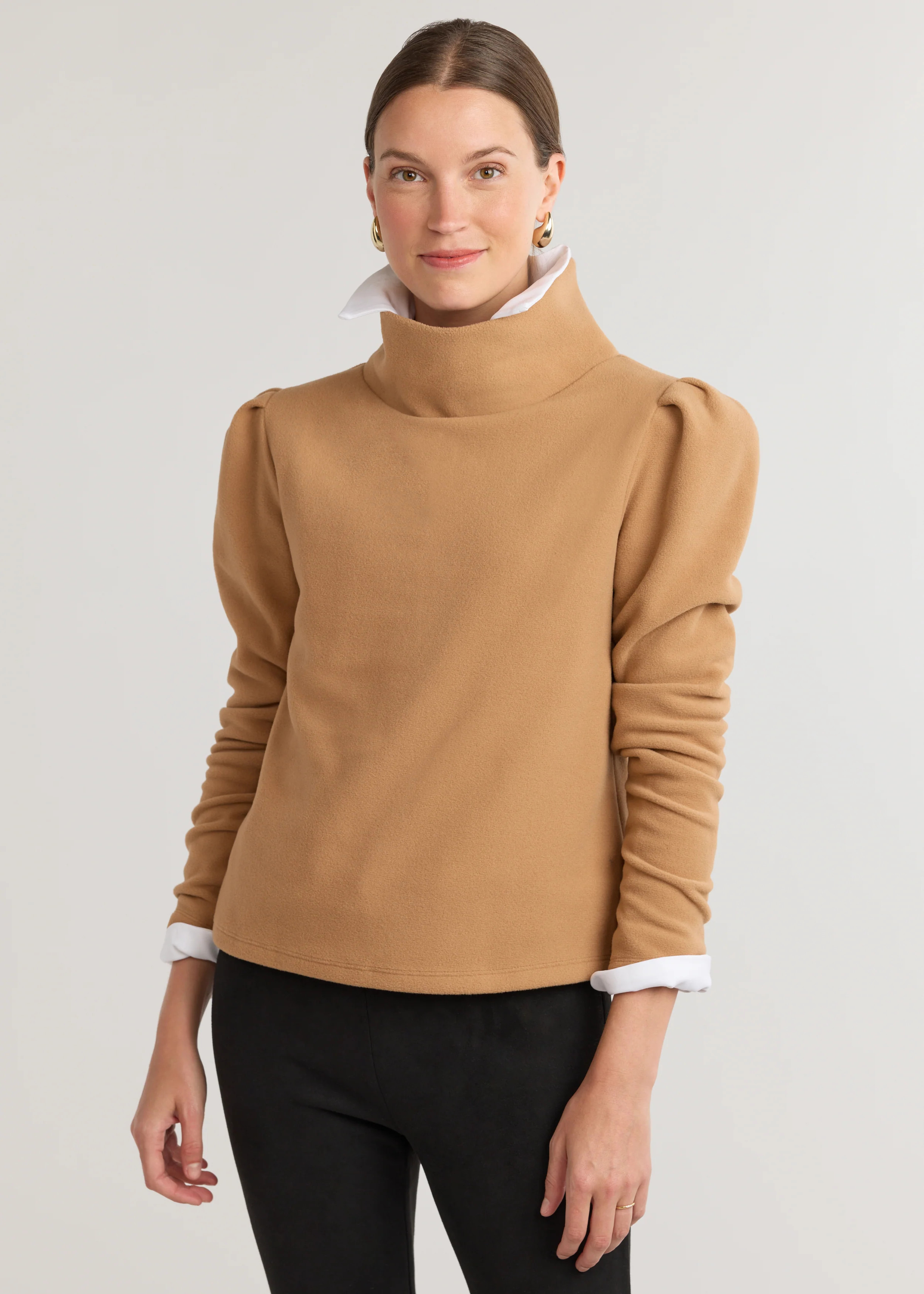 Palmer Puff Sleeve Turtleneck in Vello Fleece (Camel) | Dudley Stephens