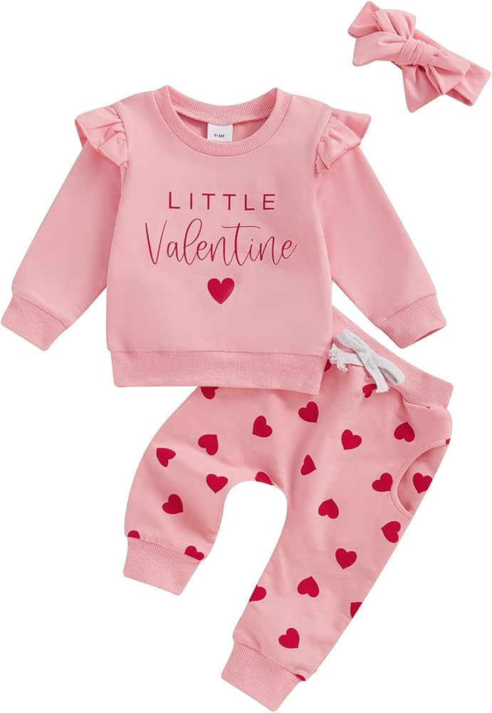 Lamuusaa Toddler Baby Girl Valentines Day Outfit Little Valentine Ruffle Sweatshirt Heart Long Pa... | Amazon (US)