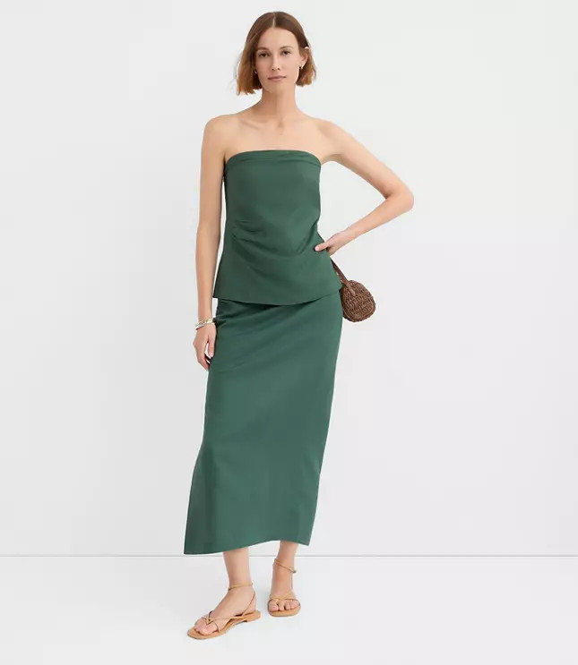 Ruched Linen Blend Midi Skirt | LOFT