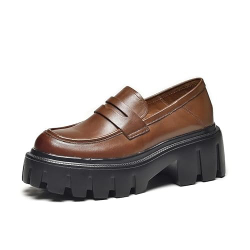 BEAU TODAY Chunky Loafers Women,Leather Platform Loafers for Women,Lug Sole Slip On Penny Shoes,Comfortable Work Office Business Casual Dress Shoes Brown 8.5 | Amazon (US)