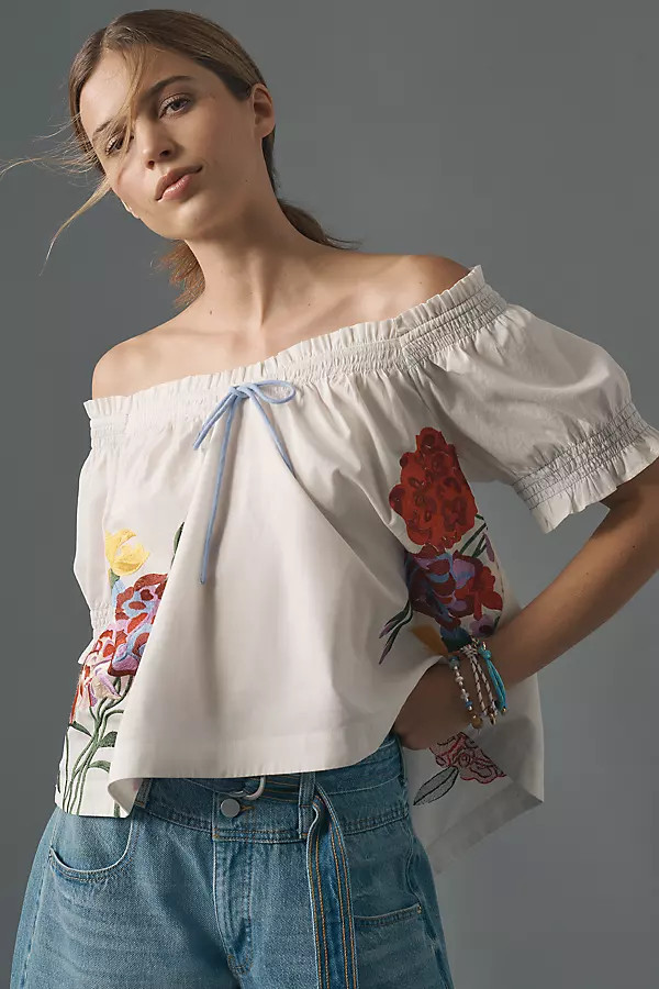 Puff-Sleeve Tie-Front Embroidered Blouse | Anthropologie (US)