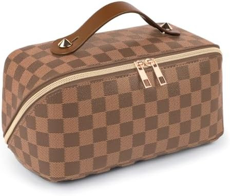 Leather Travel Makeup Bag, Large Capacity Cosmetic Bag for Women, Waterproof Portable Pouch with ... | Amazon (US)