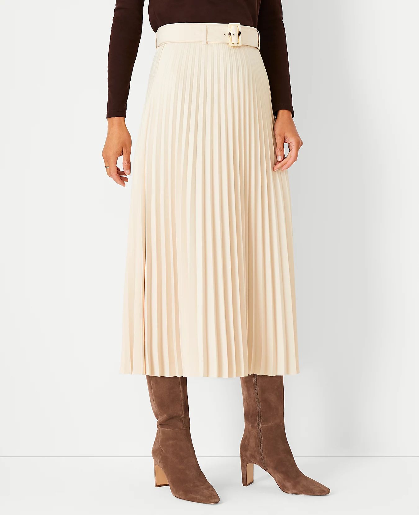 Petite Belted Pleated Midi Skirt | Ann Taylor (US)