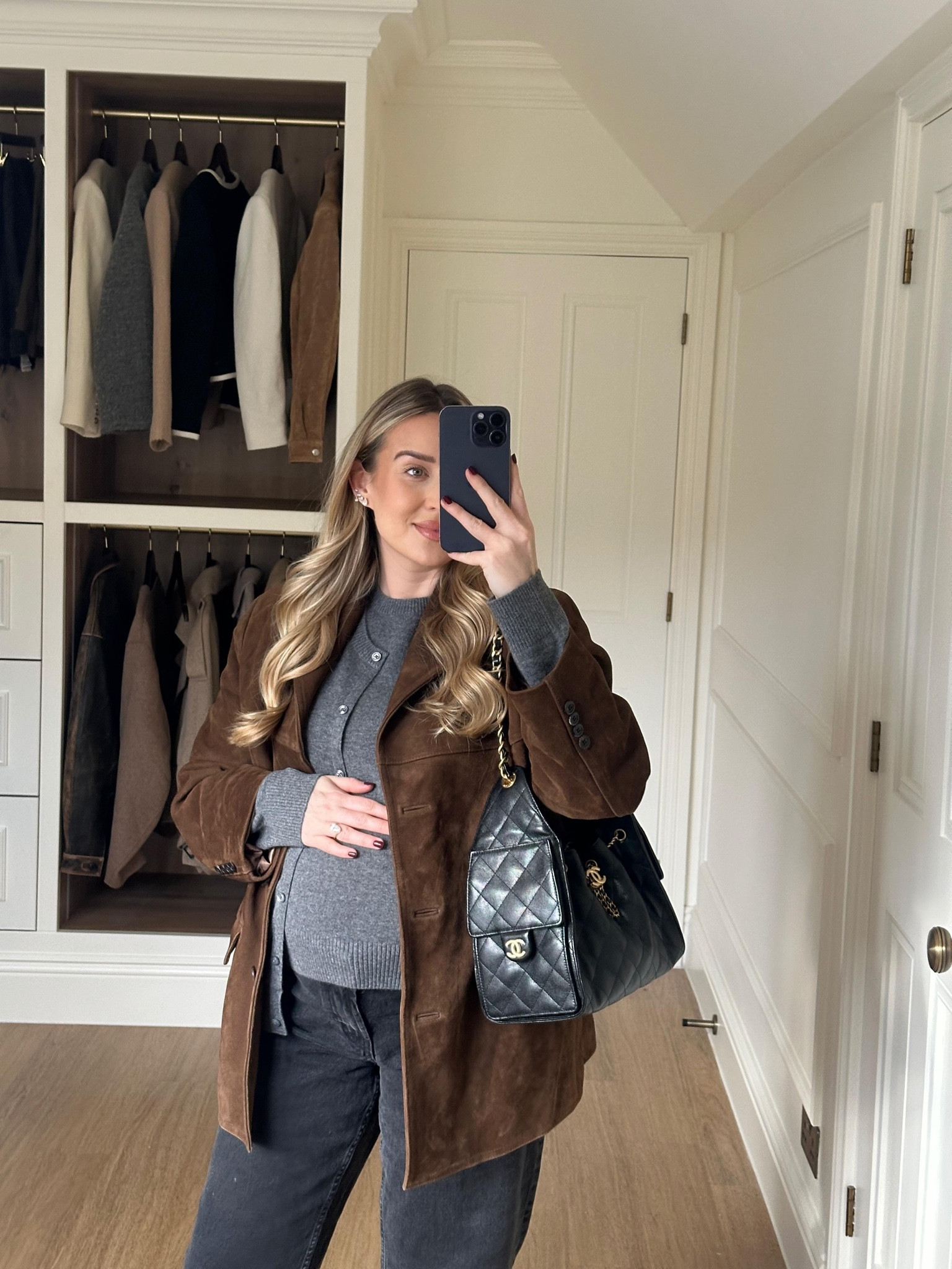 OOTD for an autumnal day, styling my Source Unknown chocolate brown suede blazer with grey knitwear from Lilysilk

#LTKstyletip #LTKautumn #LTKmaternity