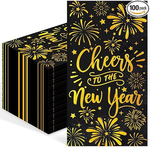 100Pcs New Year's Eve Napkins - Disposable Black Gold Foil Dinner Napkins for Christmas Birthday ... | Amazon (US)