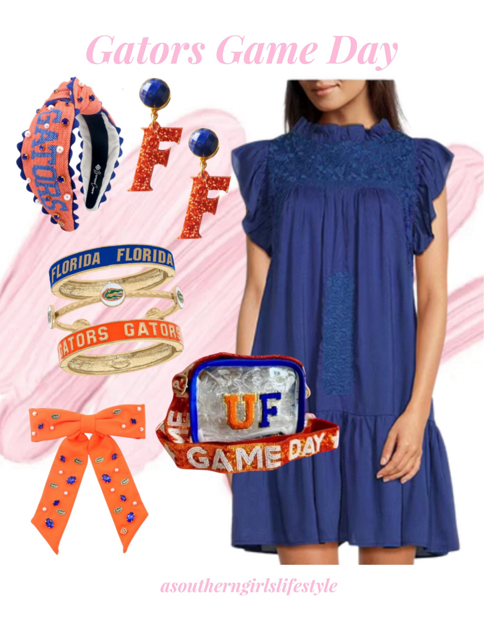 Florida Gators Back to School & Game Day Outfit

Blue Embroidered Ruffle Sleeve Tiered Dress - On Sale (I own this dress in 3 color ways), Trio of Enamel Bangle Gator Bracelets & UF Patch Clear Stadiums Bag with Sequin Strap 

Cross-stitch Pearl Headband, Earrings & Orange Bow are BriannaCannon.com & my discount code is: 10Anna 

College Football. Fall Style. University of Florida 

#LTKSeasonal #LTKBacktoSchool #LTKStyleTip