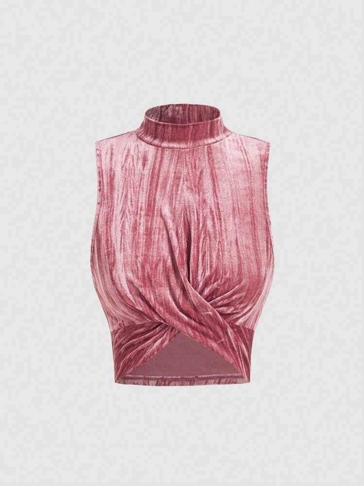 SHEIN MOD Women's Velvet Mock Neck Cropped Crisscross Front Tank Top | SHEIN