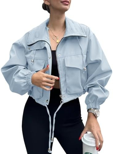 Tankaneo Womens Cropped Jacket Zip Up Lightweight Oversized Utility Anorak Coat with Pockets | Amazon (US)