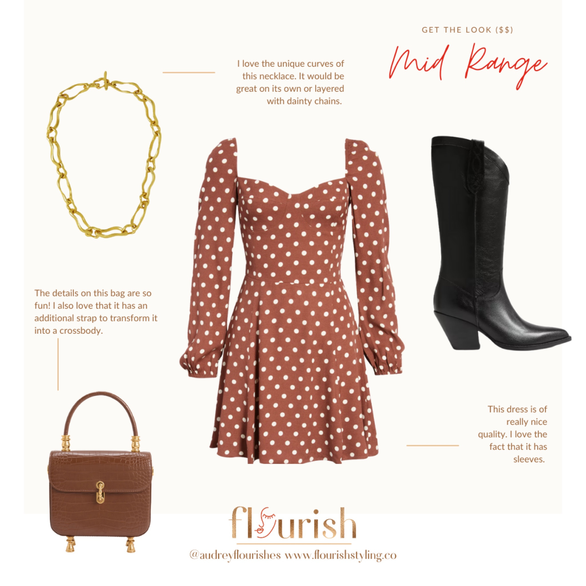 
Cute dress alert. This look combines some of my favorite things. I love a black and brown combination. This outfit is a great example of how to combine the two. Not only do I love this dress, but I love the fact that they have paired black boots with a brown bag. Your shoes and bag do not always have to match. In fact, by not matching your bag and shoes, you are adding visual interest to your look. 

This outfit can be achieved at many price points. Similar styles are linked in an array of budget-friendly price points! 

#lookforless #stealherstyle #personalstylist 

#LTKunder100 #LTKfit