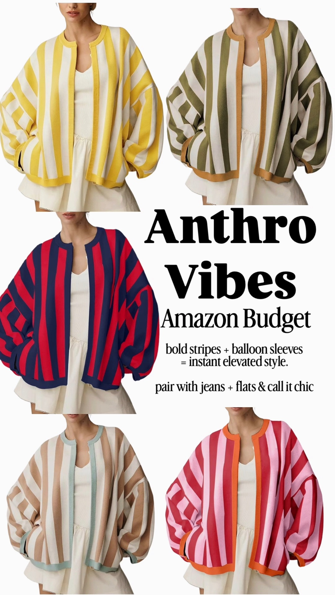 Anthro vibes without the Anthro price tag. 

These bold striped cardigans are giving elevated, effortless, chic. The fun balloon sleeves and bright stripes make the whole outfit.

Pair one with your favorite jeans + flats and you’ve got an instantly polished look with minimal effort. Basically, the easiest way to make your everyday denim feel a little more luxe. ✨

#LTKootd #LTKmomlife #LTKOver40